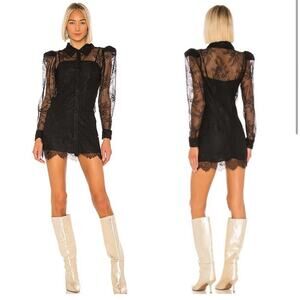 GRLFRND Nadine Black Lace mini shirt dress puff sleeves